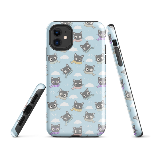 Tough case for iPhone 11, 12, 13, 14, 15, 16 Variations | Gray Cat with Scarf in the Cloud