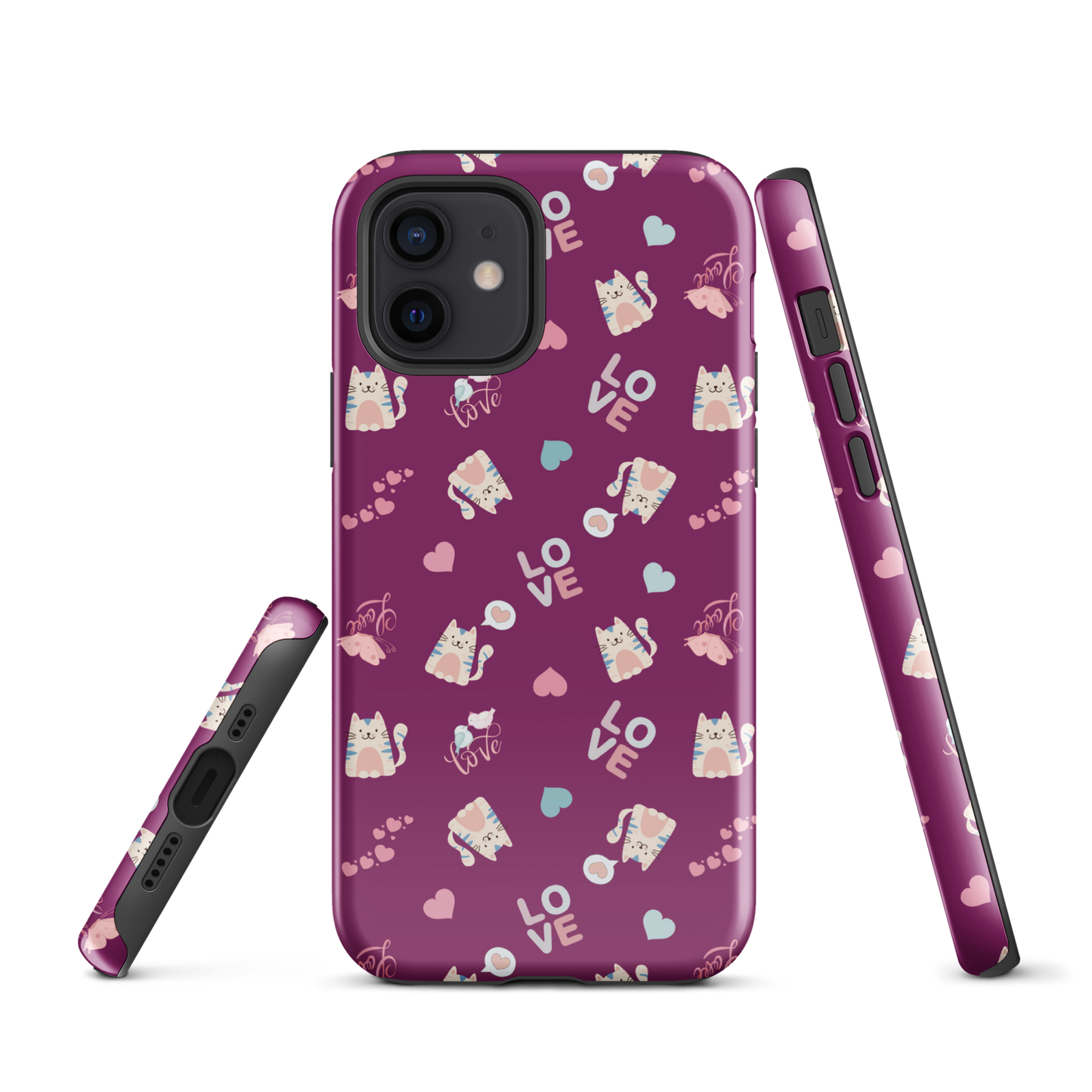 Tough case for iPhone 11, 12, 13, 14, 15, 16 Variations | Adorable Cat Love Theme