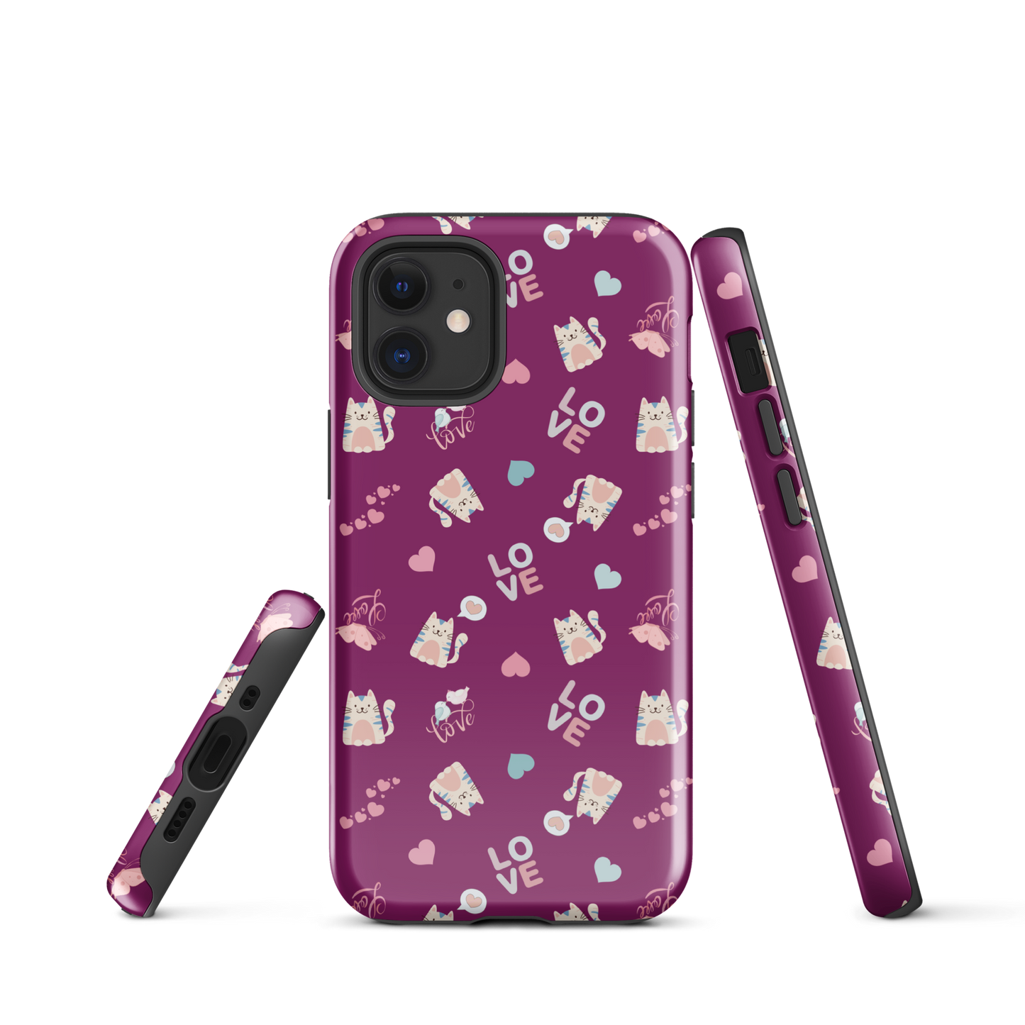 Tough case for iPhone 11, 12, 13, 14, 15, 16 Variations | Adorable Cat Love Theme