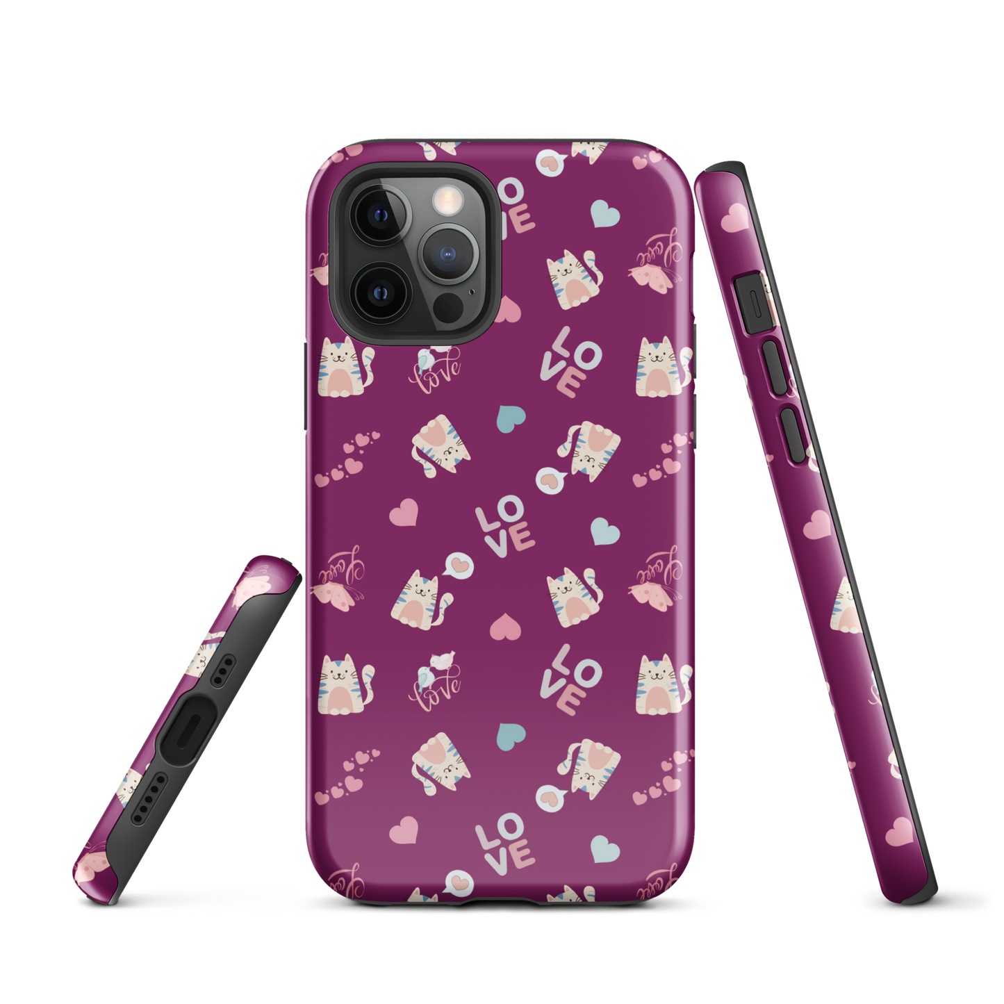 Tough case for iPhone 11, 12, 13, 14, 15, 16 Variations | Adorable Cat Love Theme