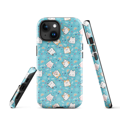 Tough case for iPhone 11, 12, 13, 14, 15 Variations | Cute Cat with Heart Blue Background