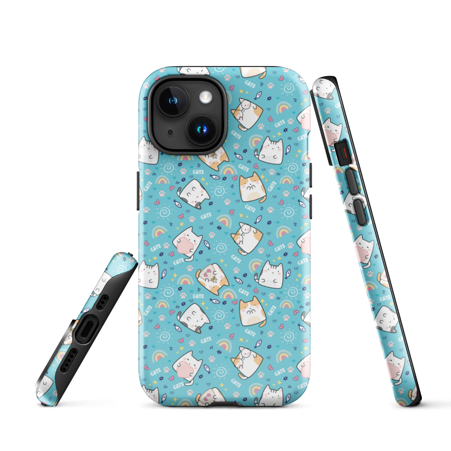 Tough case for iPhone 11, 12, 13, 14, 15, 16 Variations | Cute Cat with Heart Blue Background
