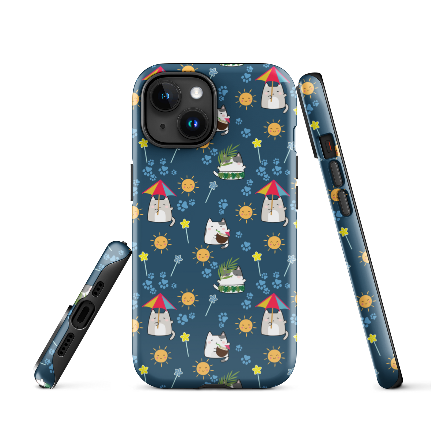 Tough case for iPhone 11, 12, 13, 14, 15, 16 Variations | Cat Summer Umbrella Blue Background