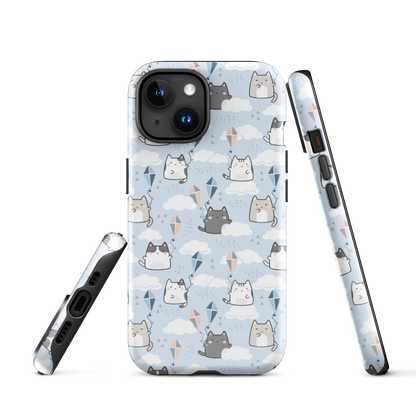 Tough case for iPhone 11, 12, 13, 14, 15, 16 Variations | Cat Cloud Kite LightBlue Background