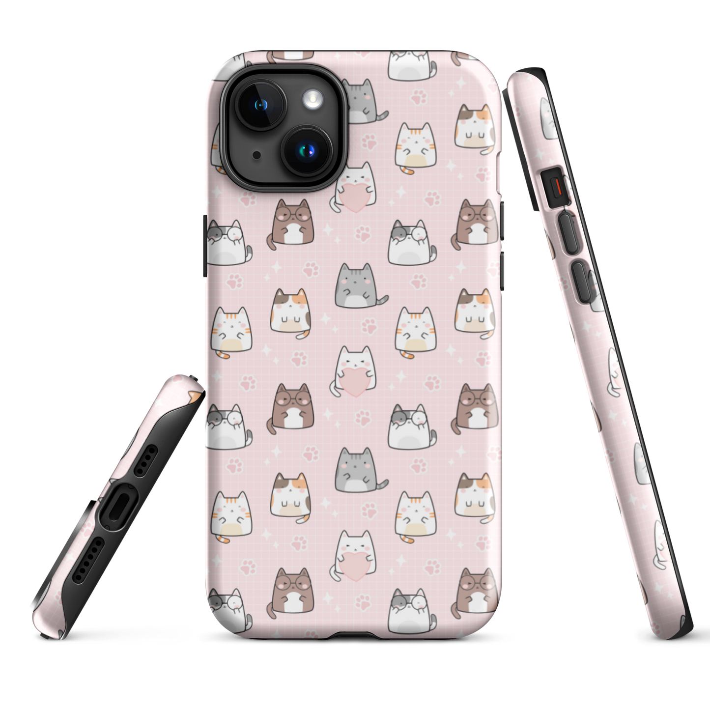 Tough case for iPhone 11, 12, 13, 14, 15, 16 Variations | Cute Cat with Heart Pink Background