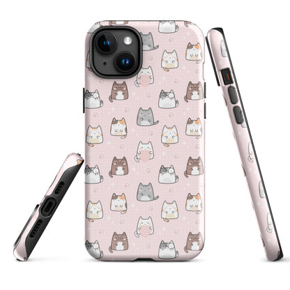 Tough case for iPhone 11, 12, 13, 14, 15, 16 Variations | Cute Cat with Heart Pink Background