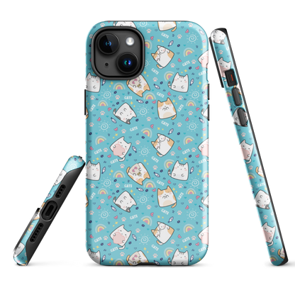 Tough case for iPhone 11, 12, 13, 14, 15, 16 Variations | Cute Cat with Heart Blue Background