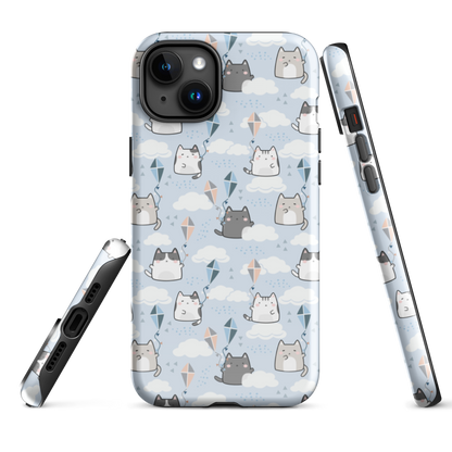 Tough case for iPhone 11, 12, 13, 14, 15, 16 Variations | Cat Cloud Kite LightBlue Background