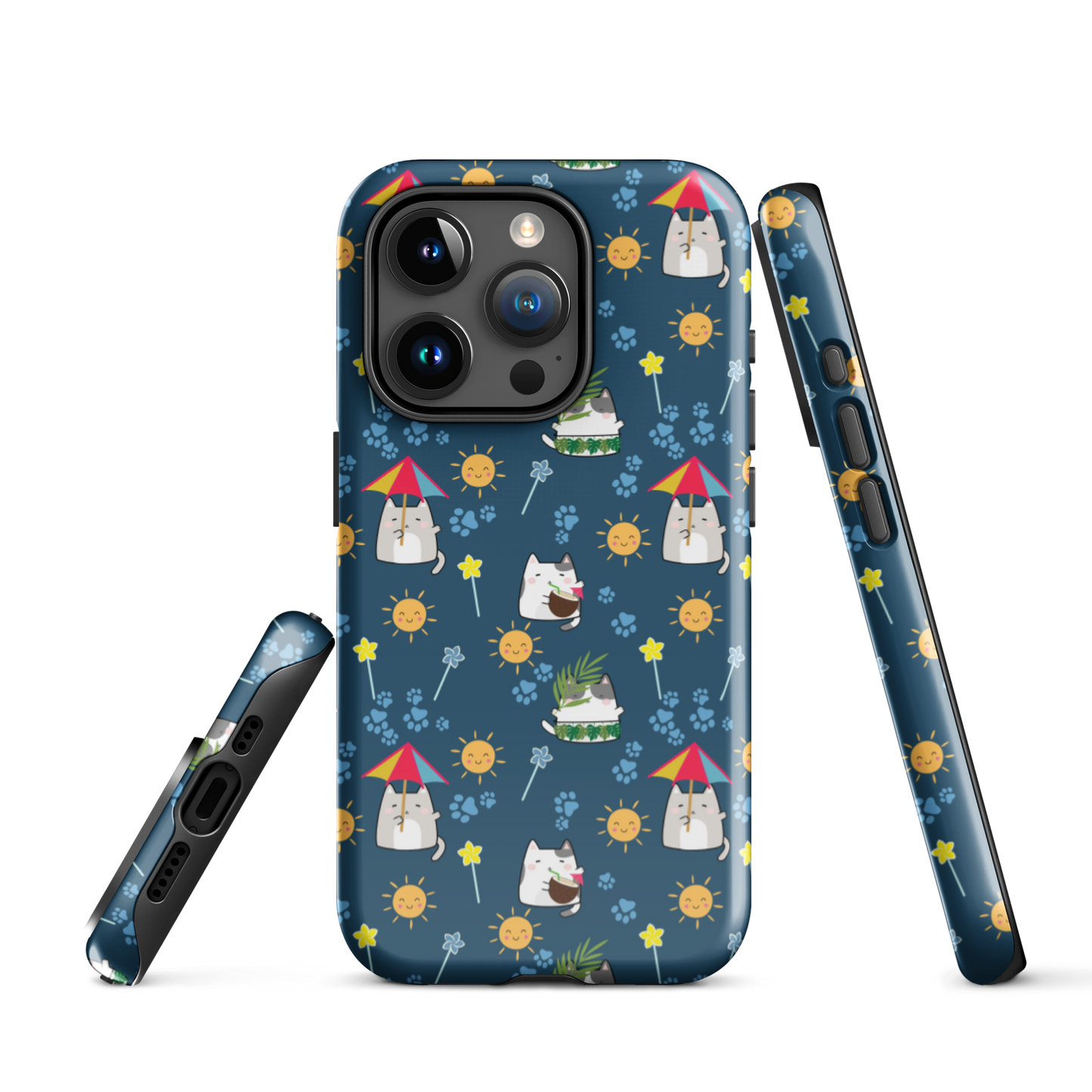 Tough case for iPhone 11, 12, 13, 14, 15, 16 Variations | Cat Summer Umbrella Blue Background