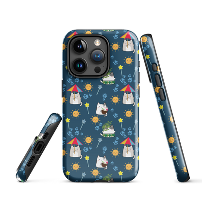 Tough case for iPhone 11, 12, 13, 14, 15, 16 Variations | Cat Summer Umbrella Blue Background