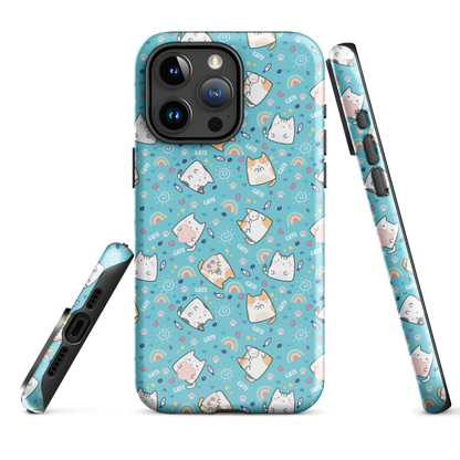 Tough case for iPhone 11, 12, 13, 14, 15, 16 Variations | Cute Cat with Heart Blue Background