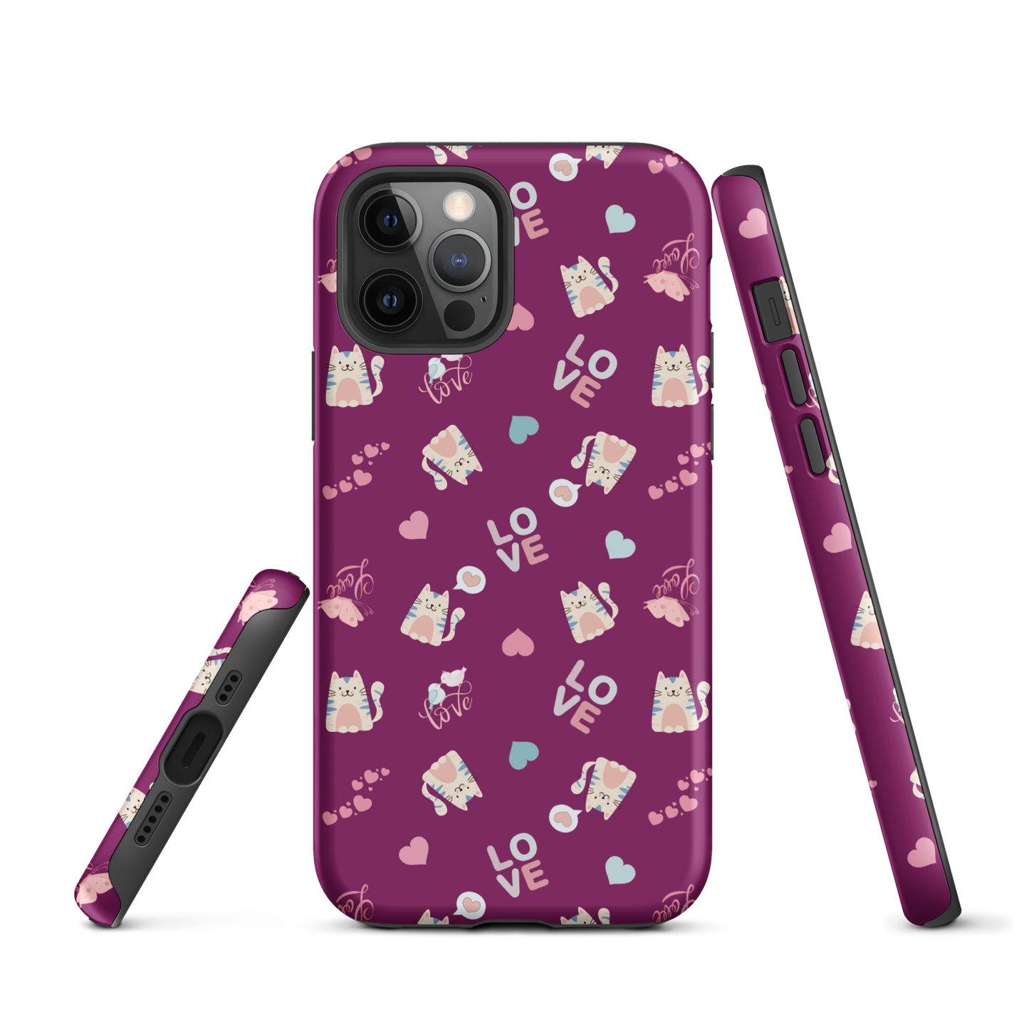 Tough case for iPhone 11, 12, 13, 14, 15, 16 Variations | Adorable Cat Love Theme
