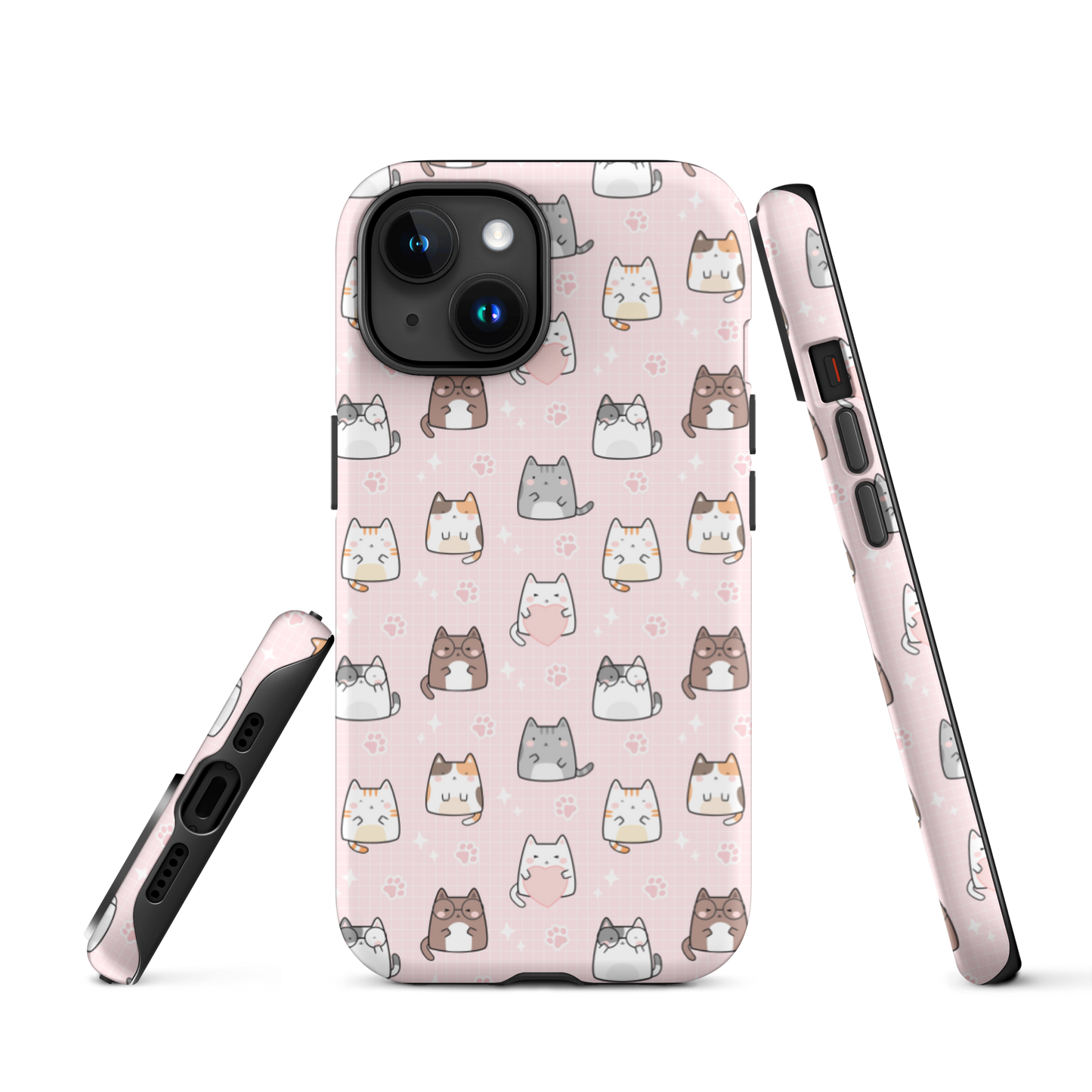 Tough case for iPhone 11, 12, 13, 14, 15, 16 Variations | Cute Cat with Heart Pink Background