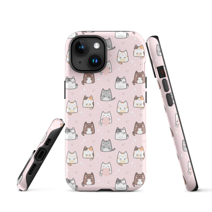 Tough case for iPhone 11, 12, 13, 14, 15 Variations | Cute Cat with Heart Pink Background