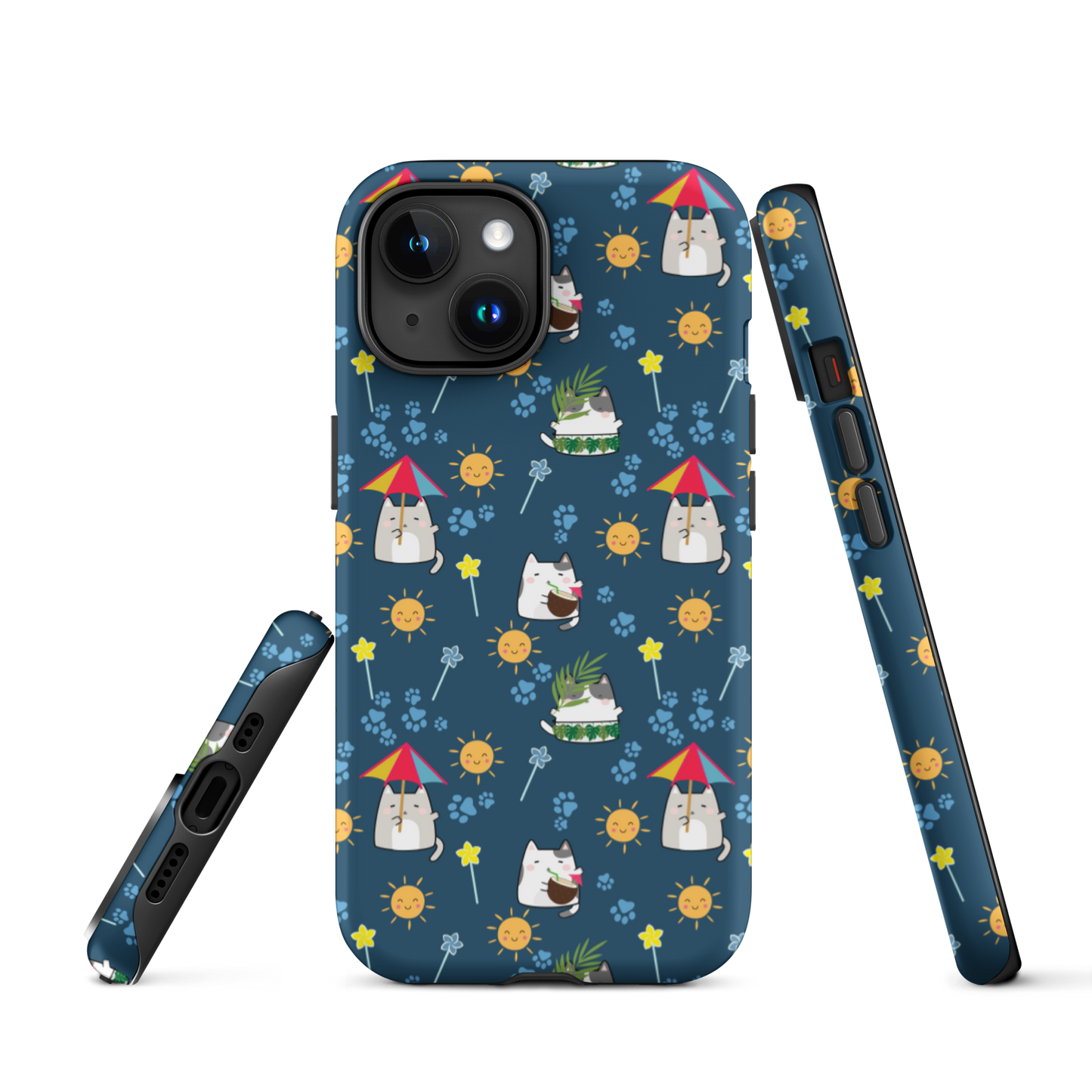 Tough case for iPhone 11, 12, 13, 14, 15, 16 Variations | Cat Summer Umbrella Blue Background