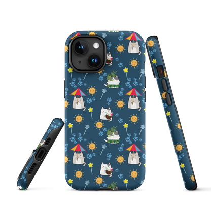 Tough case for iPhone 11, 12, 13, 14, 15, 16 Variations | Cat Summer Umbrella Blue Background