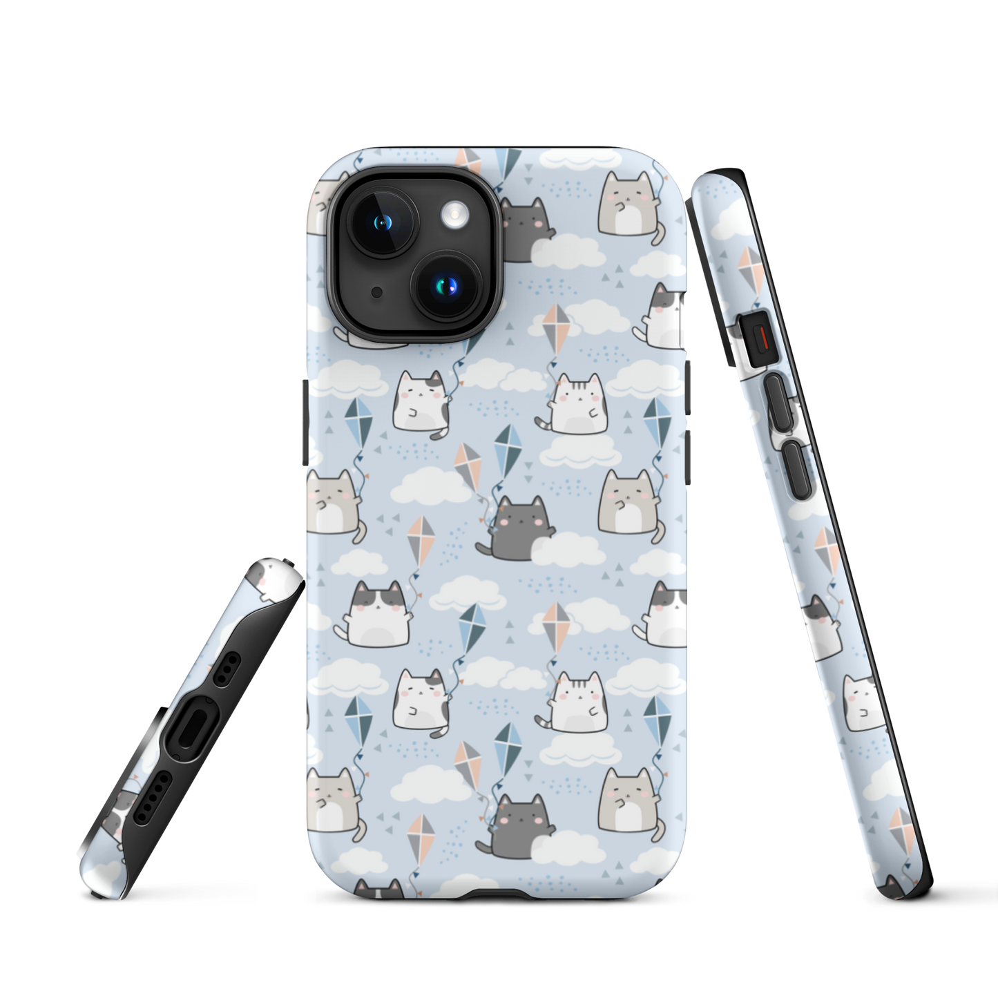 Tough case for iPhone 11, 12, 13, 14, 15, 16 Variations | Cat Cloud Kite LightBlue Background