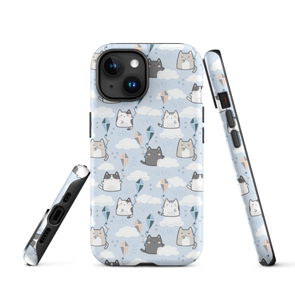 Tough case for iPhone 11, 12, 13, 14, 15, 16 Variations | Cat Cloud Kite LightBlue Background