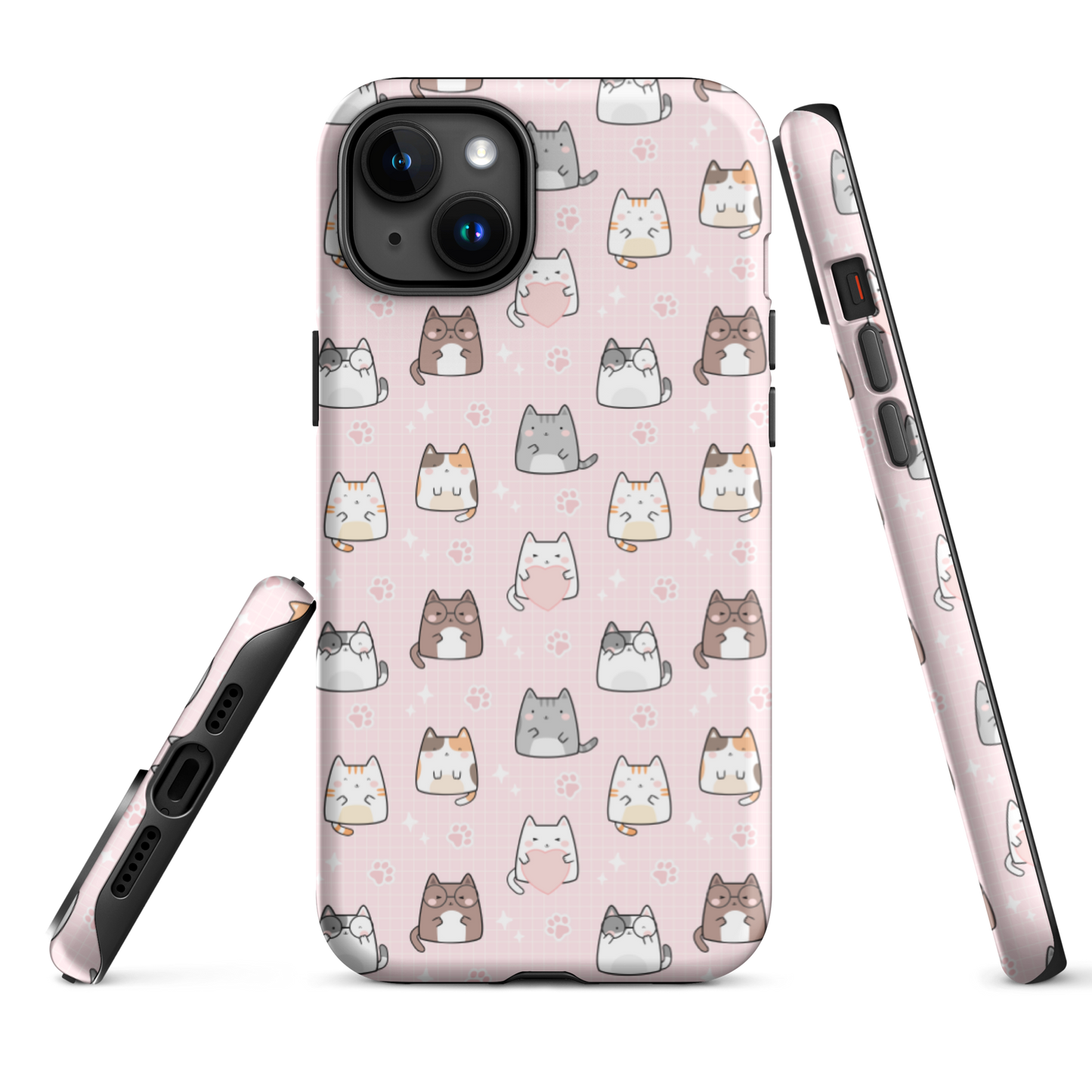 Tough case for iPhone 11, 12, 13, 14, 15, 16 Variations | Cute Cat with Heart Pink Background