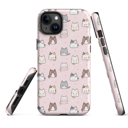 Tough case for iPhone 11, 12, 13, 14, 15, 16 Variations | Cute Cat with Heart Pink Background