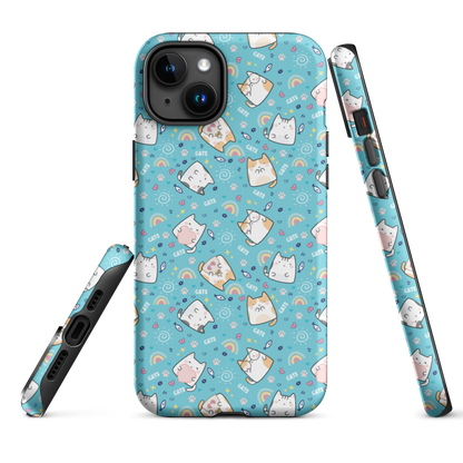 Tough case for iPhone 11, 12, 13, 14, 15, 16 Variations | Cute Cat with Heart Blue Background