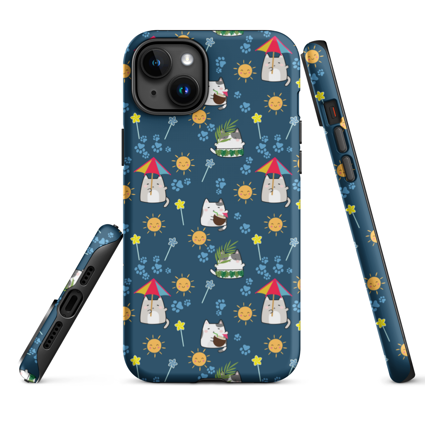 Tough case for iPhone 11, 12, 13, 14, 15, 16 Variations | Cat Summer Umbrella Blue Background