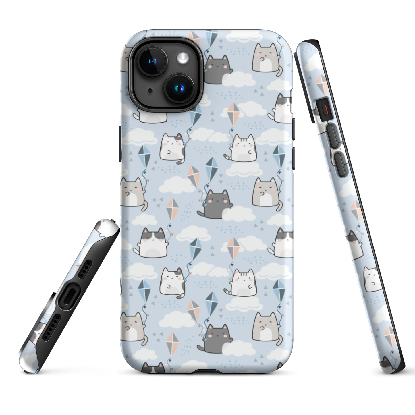 Tough case for iPhone 11, 12, 13, 14, 15 Variations | Cat Cloud Kite LightBlue Background