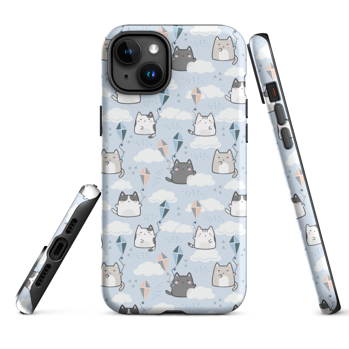 Tough case for iPhone 11, 12, 13, 14, 15, 16 Variations | Cat Cloud Kite LightBlue Background