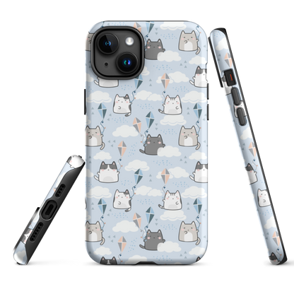 Tough case for iPhone 11, 12, 13, 14, 15, 16 Variations | Cat Cloud Kite LightBlue Background