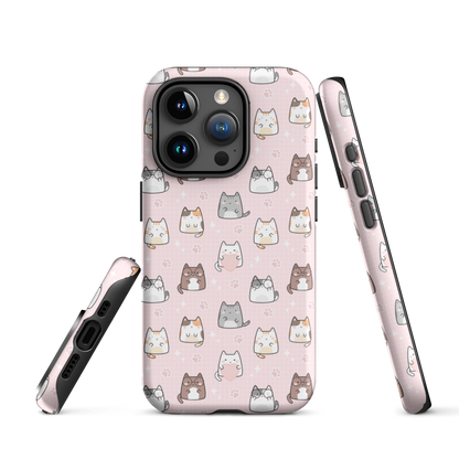 Tough case for iPhone 11, 12, 13, 14, 15, 16 Variations | Cute Cat with Heart Pink Background