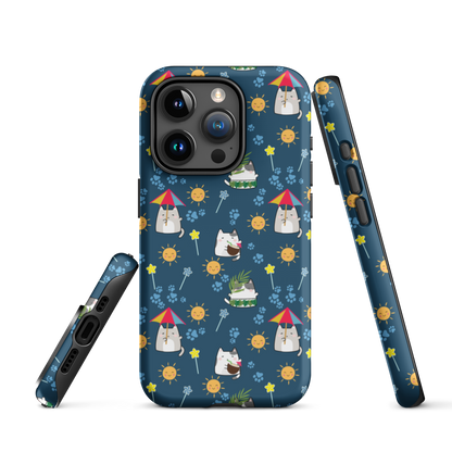 Tough case for iPhone 11, 12, 13, 14, 15, 16 Variations | Cat Summer Umbrella Blue Background