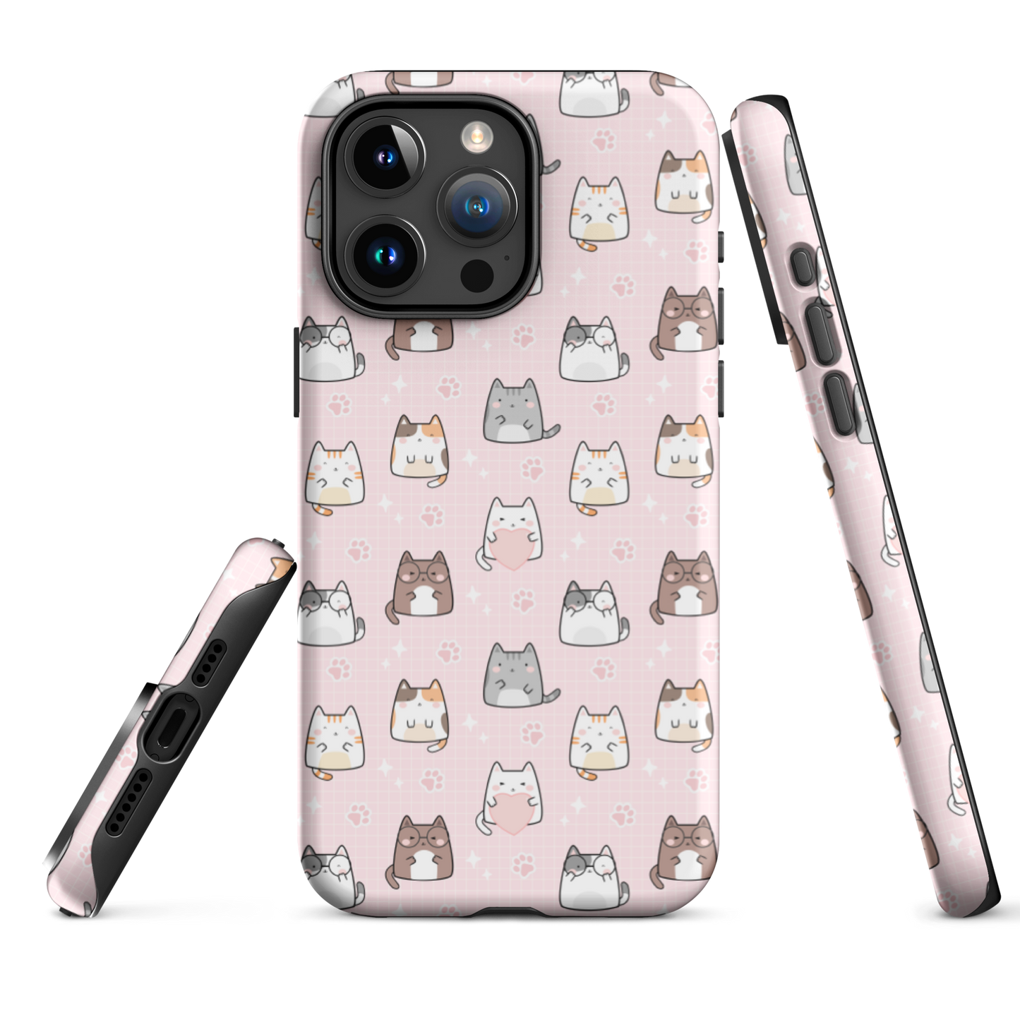 Tough case for iPhone 11, 12, 13, 14, 15, 16 Variations | Cute Cat with Heart Pink Background