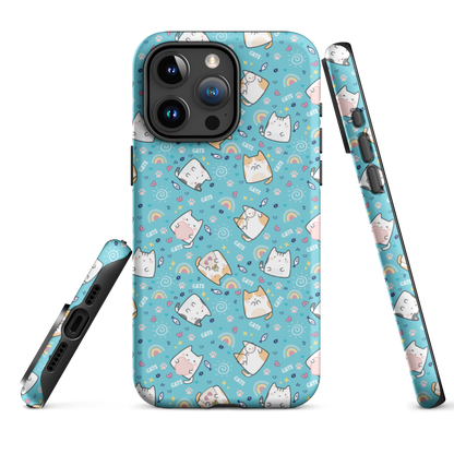 Tough case for iPhone 11, 12, 13, 14, 15 Variations | Cute Cat with Heart Blue Background