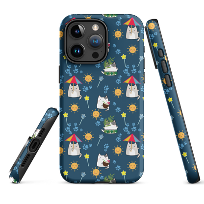 Tough case for iPhone 11, 12, 13, 14, 15, 16 Variations | Cat Summer Umbrella Blue Background