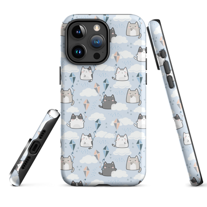 Tough case for iPhone 11, 12, 13, 14, 15, 16 Variations | Cat Cloud Kite LightBlue Background