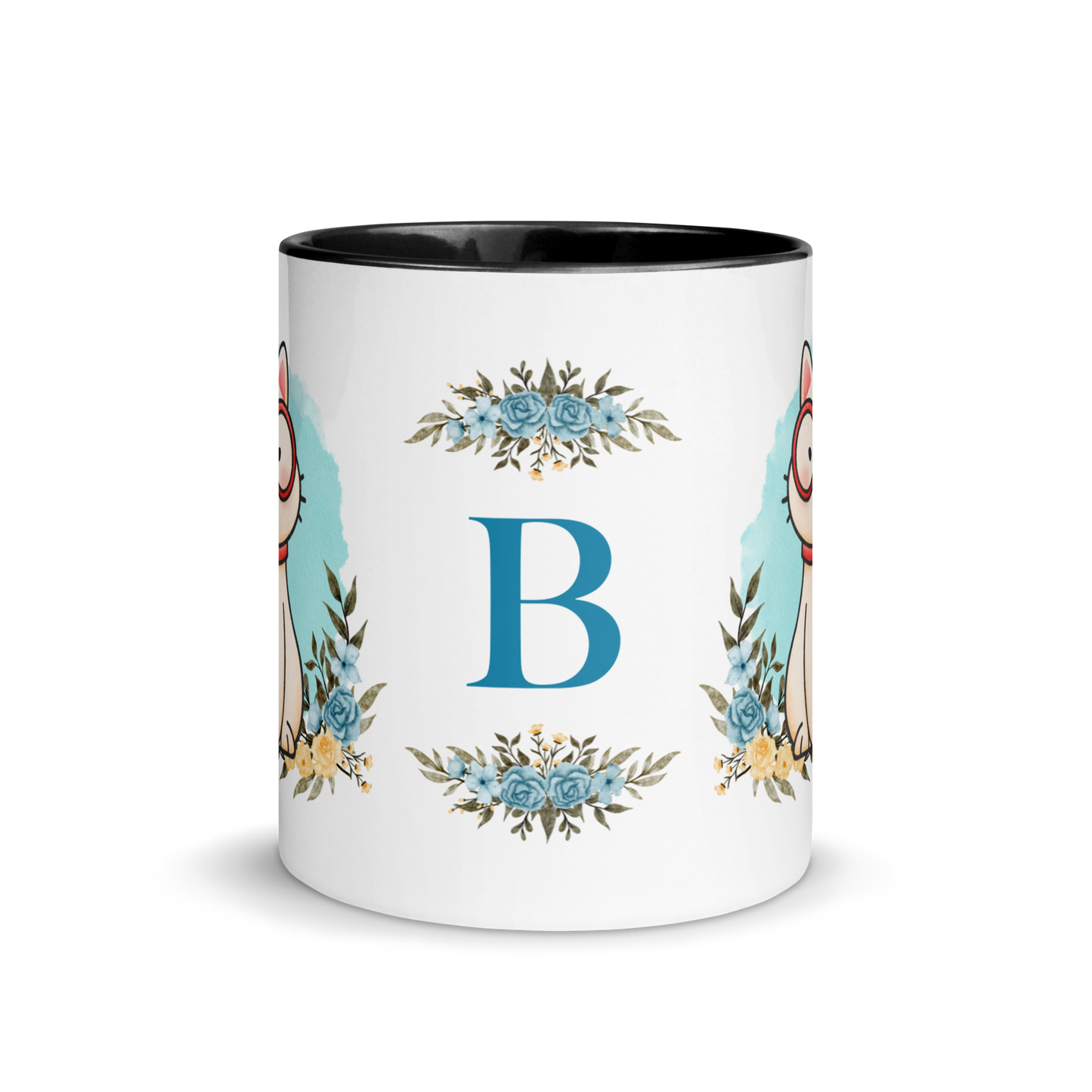 Monogramed Coffee Mug 11oz | Cute Cat Wearing Glasses Floral Themed