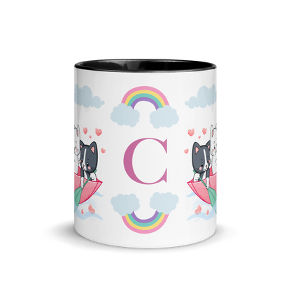 Personalized Monogram Mug 11oz | Cats in the Umbrella Boat with Hearts