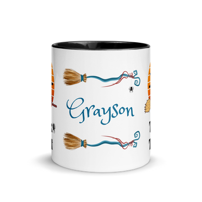 Personalized Coffee Mug 11oz | Trick or Traeat Black Cat Broom Border