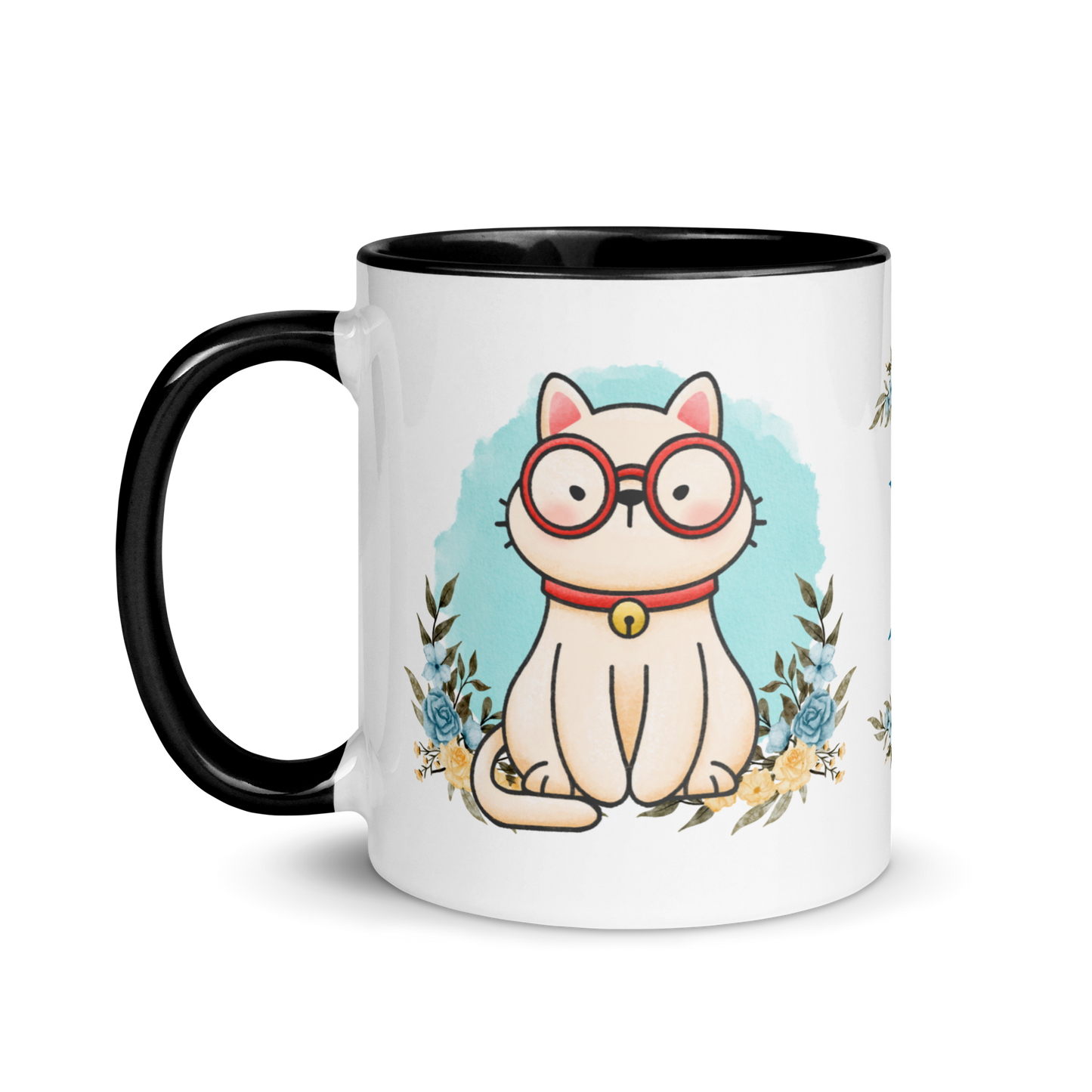 Monogramed Coffee Mug 11oz | Cute Cat Wearing Glasses Floral Themed