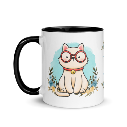 Personalized Monogram Mug 11oz | Cute Cat Wearing Glasses Floral Themed