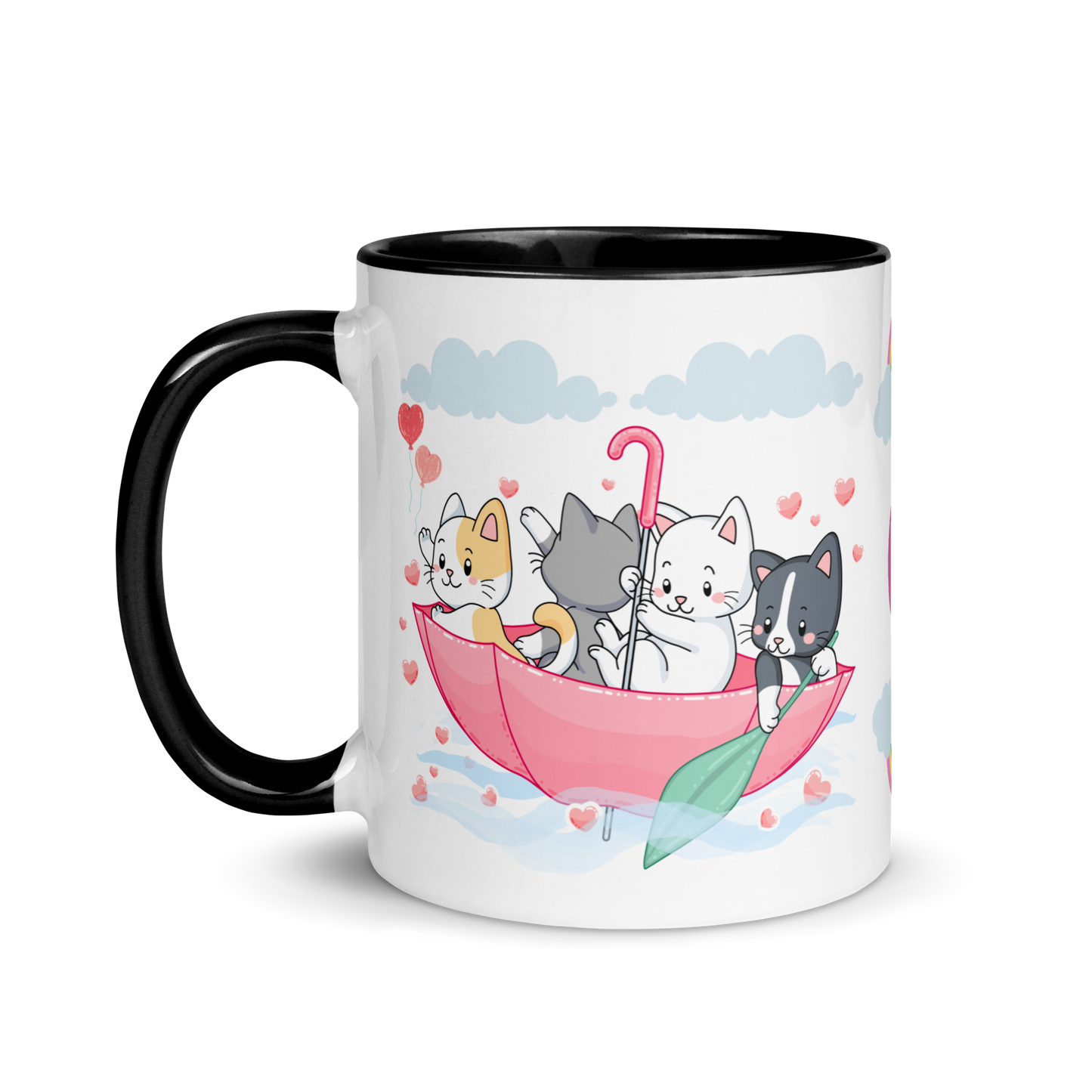 Monogramed Mug 11oz | Cats in the Umbrella Boat with Hearts