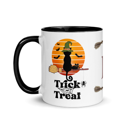 Personalized Monogram Coffee Mug 11oz | Trick or Treat Black Cat With Green Hat