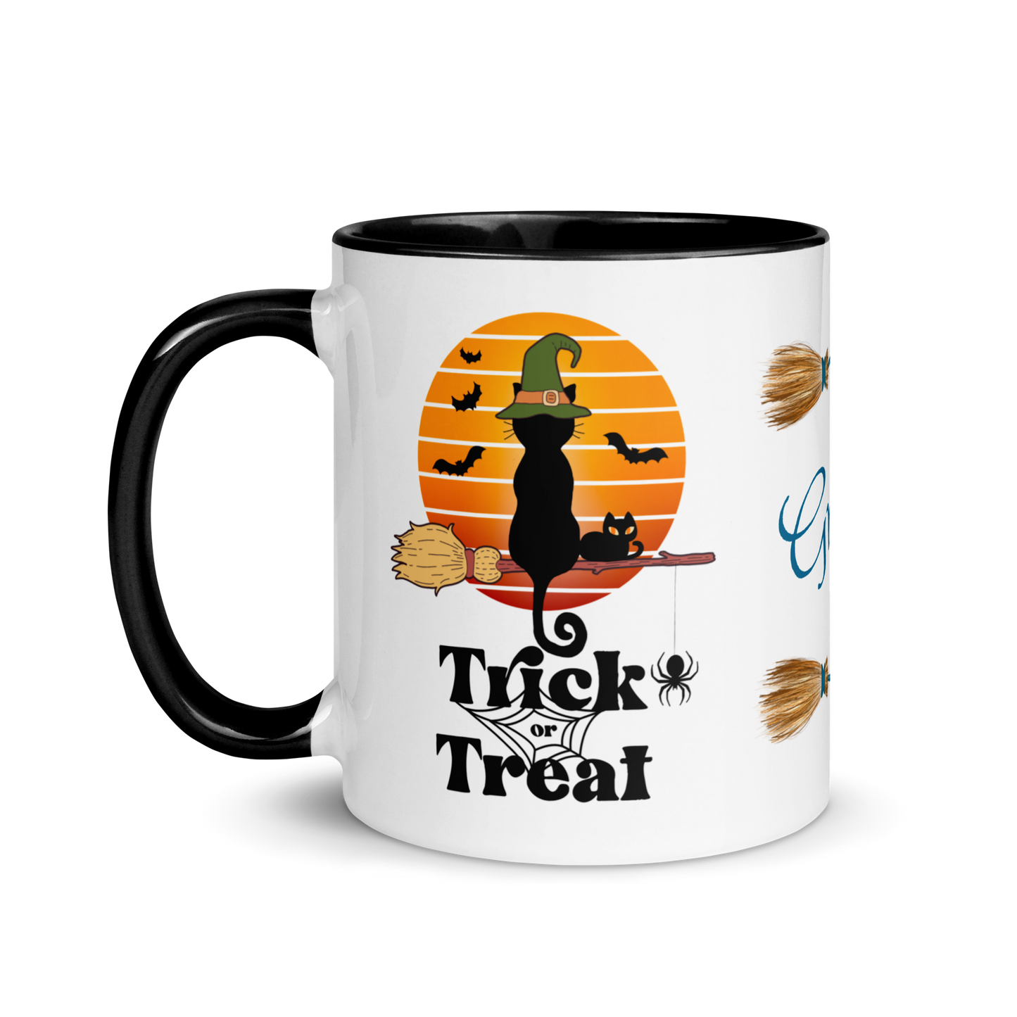 Add Your Name Coffee Mug 11oz | Trick or Treat Black Cat Broom Border