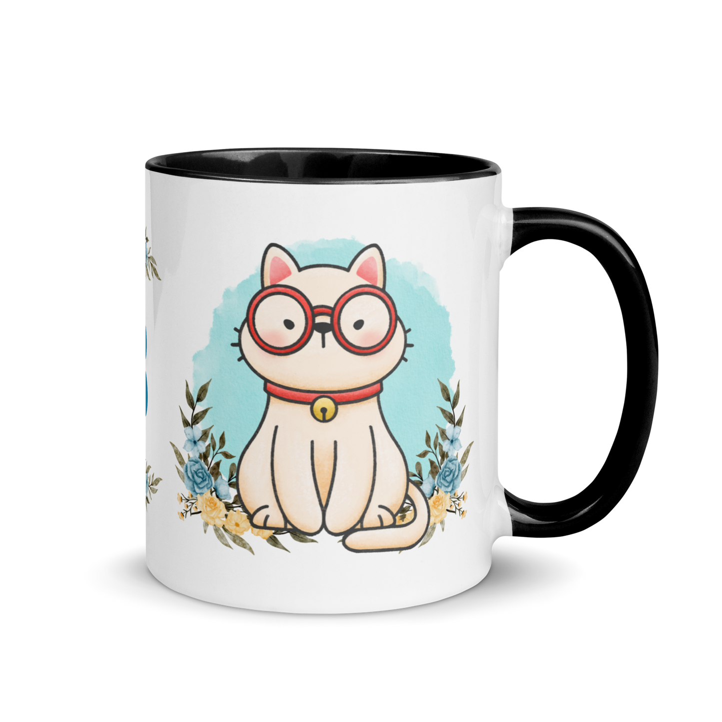 Monogramed Coffee Mug 11oz | Cute Cat Wearing Glasses Floral Themed