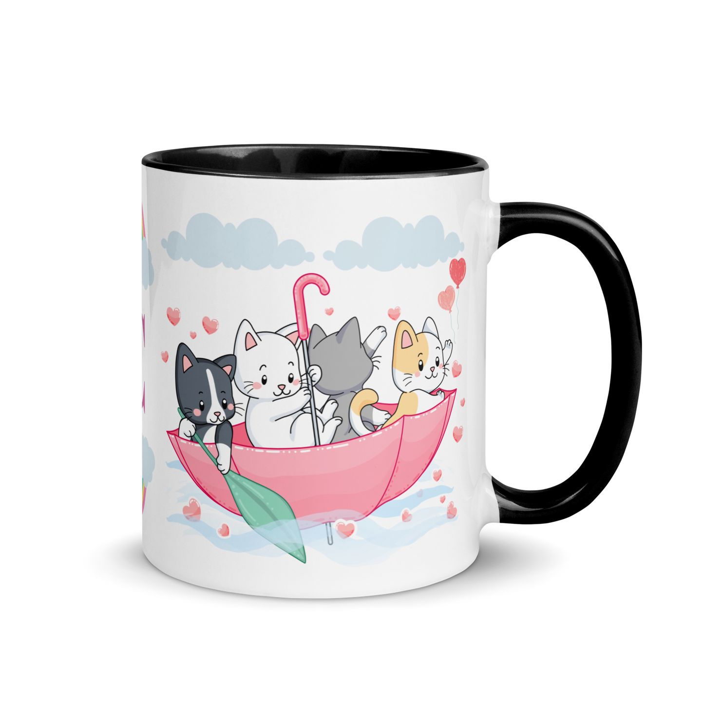 Monogramed Mug 11oz | Cats in the Umbrella Boat with Hearts