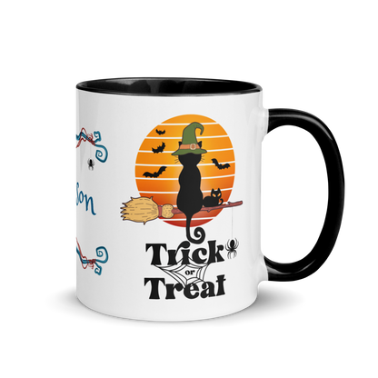 Personalized Coffee Mug 11oz | Trick or Traeat Black Cat Broom Border