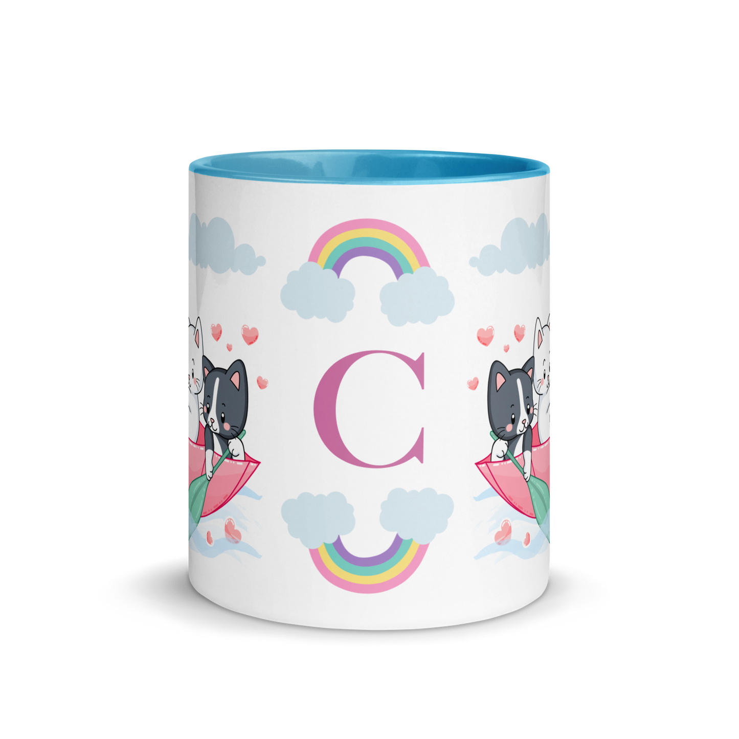 Monogramed Mug 11oz | Cats in the Umbrella Boat with Hearts