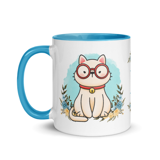 Personalized Monogram Mug 11oz | Cute Cat Wearing Glasses Floral Themed