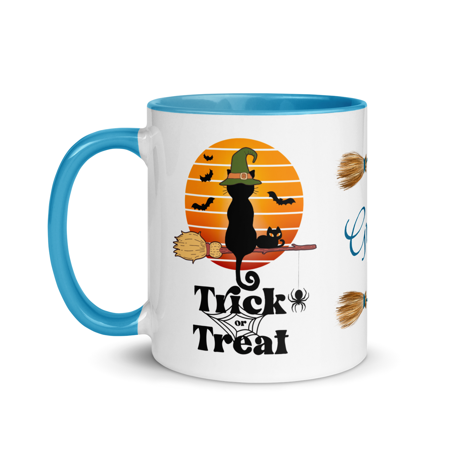 Add Your Name Coffee Mug 11oz | Trick or Treat Black Cat Broom Border