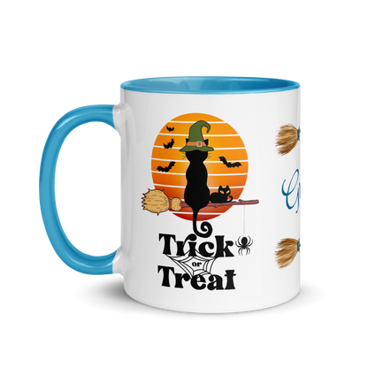 Personalized Coffee Mug 11oz | Trick or Traeat Black Cat Broom Border